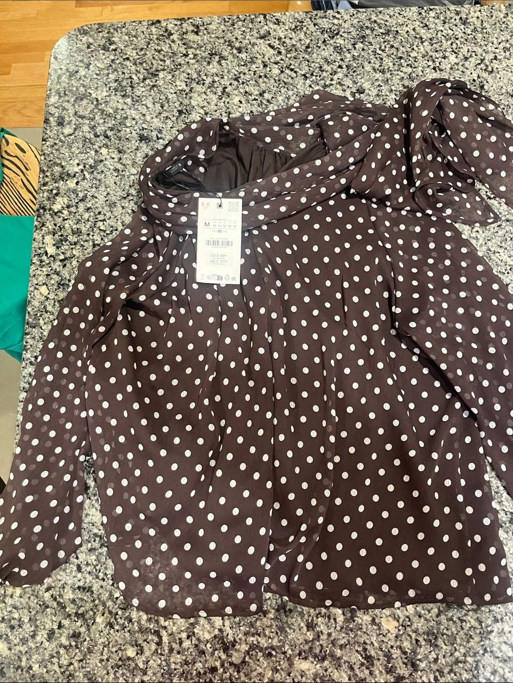 Zara Brown and White Polka Dot Tie-Neck Blouse